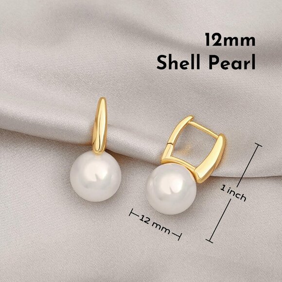 Gold Barrel Hoop Handpicked A+Quality 7.5-8mm White Pearl Dangle Drop Earring - Picture 4 of 7